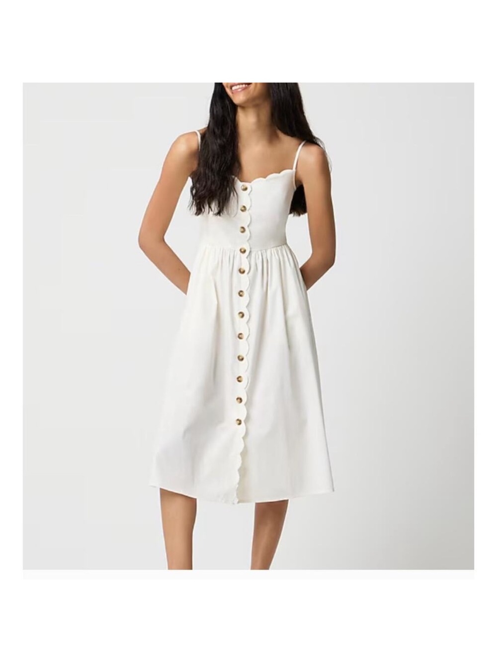 J. Crew White Scallop-Trim Button-Front Midi Dress